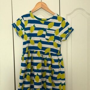 Mini Boden Lemon Print Blue and White Striped Kids Dress size 11-12 Years.